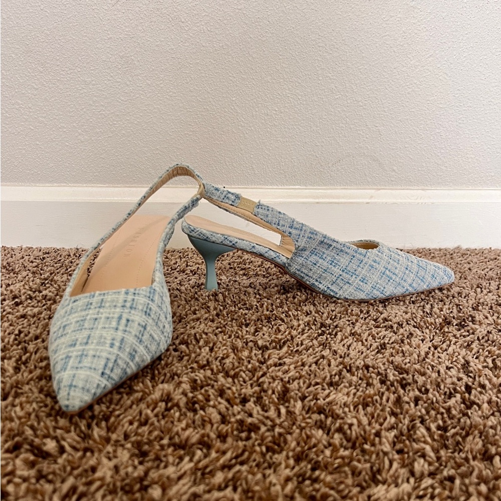 Size 7 Blue Kitten Heels / Plaid Heels